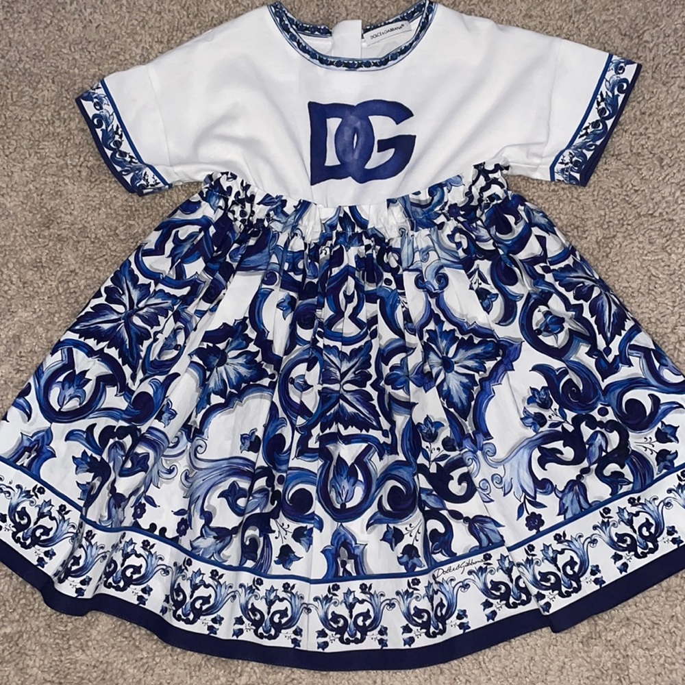 Dolce & Gabbana Size3 “Majolica-print poplin and jersey dress” Blue & White
